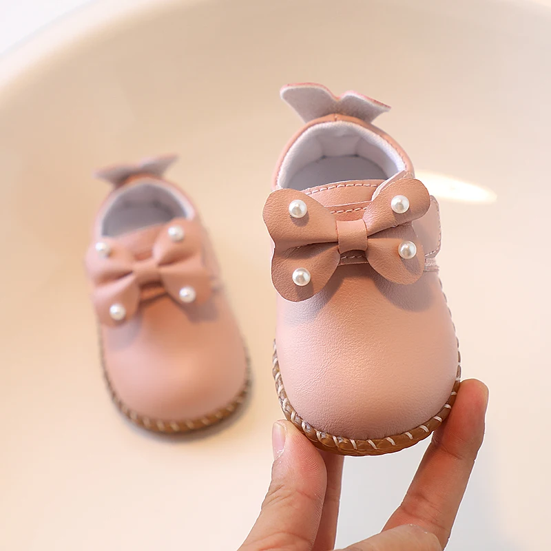 

2025 Autumn Baby Flat Shoes Soild Color Versatile Girls Walking Shoes Round Toes Kids Leather Shoes Sweet Bows Princess Style