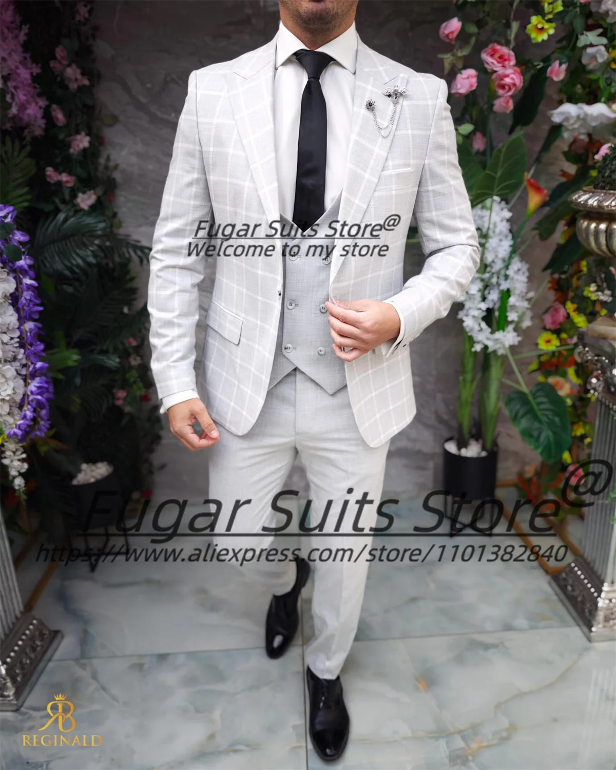 

light gray Business Plaid men Suits Slim Fit Peak lapel Groom Wedding Tuxedos 2Pcs Sets Male Party Blazers Classic Costume Homme