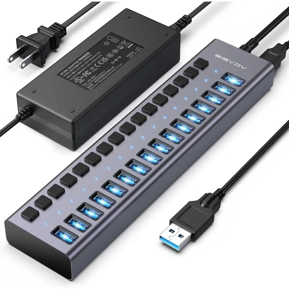 

16-Port USB 3.2 Hub with 10Gbps Speed, Aluminum Housing, 96W Power Adapter for PC/Laptop and Devices
