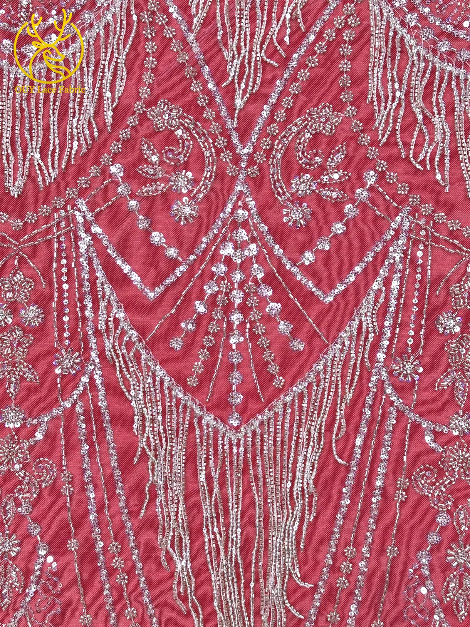 Roter 3D afrikanischer nigerianischer Perlen-Spitzenstoff, französischer Pailletten-Tüll, bestickter Spitzenstoff für Damen, Hochzeitsdekoration, Kleid, Nähen – Detail 14