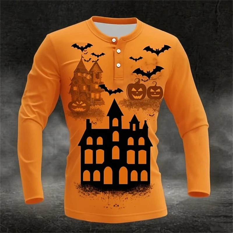 New Halloween-Themed Men's Henley-Neck Long-Sleeve Shirt Orange Haunted House And Bat Print Long-Sleeve Casual Fall Top