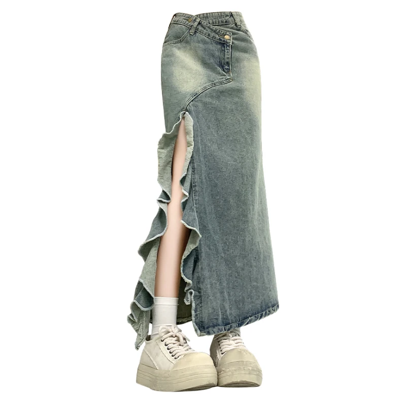 

Summer Denim Skirt American Retro High Waist Solid Color Ankle-Length Irregular Ruffles Split Mermaid Skirts for 18-24Y