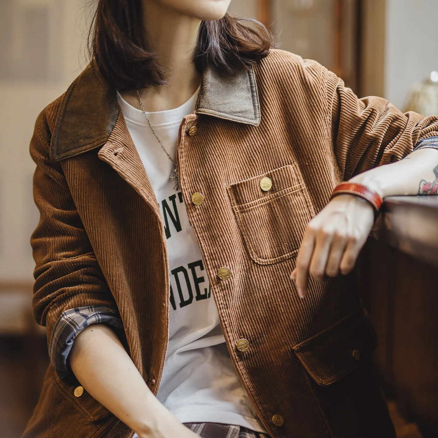 Maden Women’s Corduroy Jacket Colorblock Waxed Collar Utility Coat Retro Button Workwear Short Outerwear for Autumn Winter
