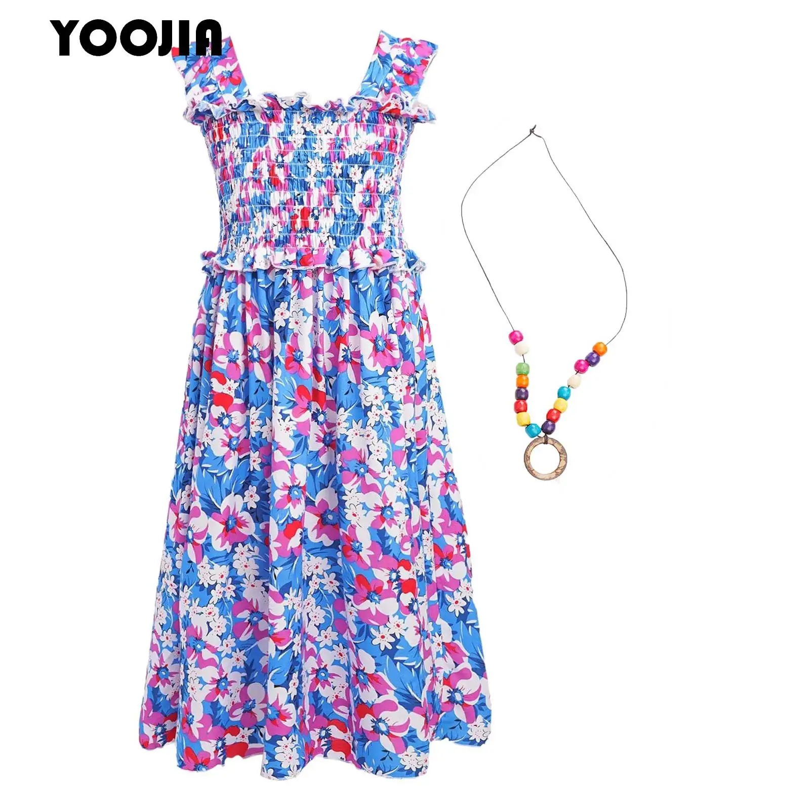 

Kids Girls Floral Print Smocked Dress Summer Sleeveless A-Line Ruffled Sundress with Necklace for Beach Vacation Holiday Travel