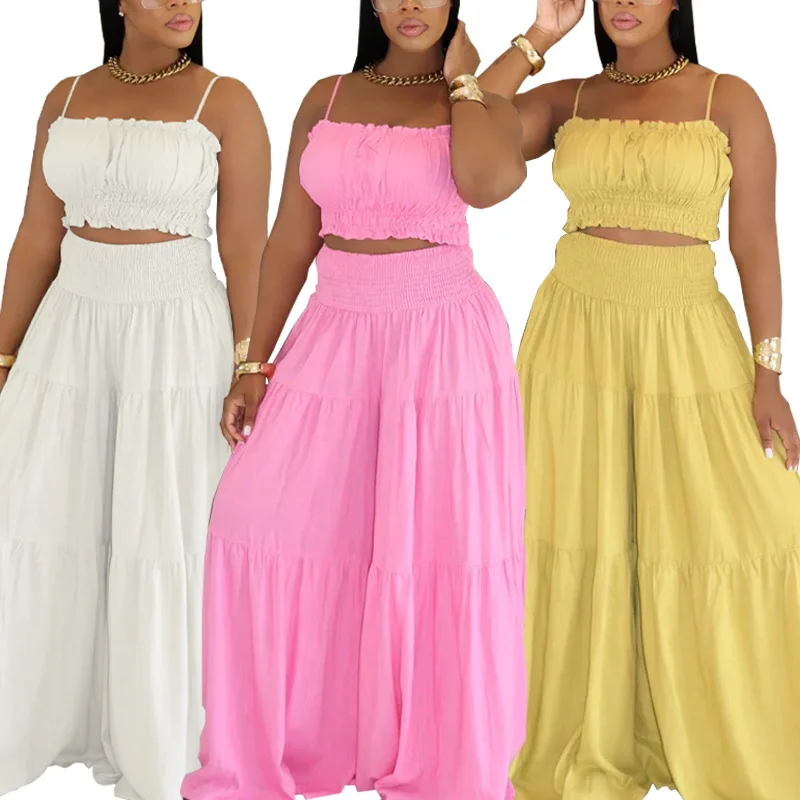 

Летний женский однотонный топ на бретелях в африканском стиле 2025 года и свободные широкие брюки, комплект из двух предметов