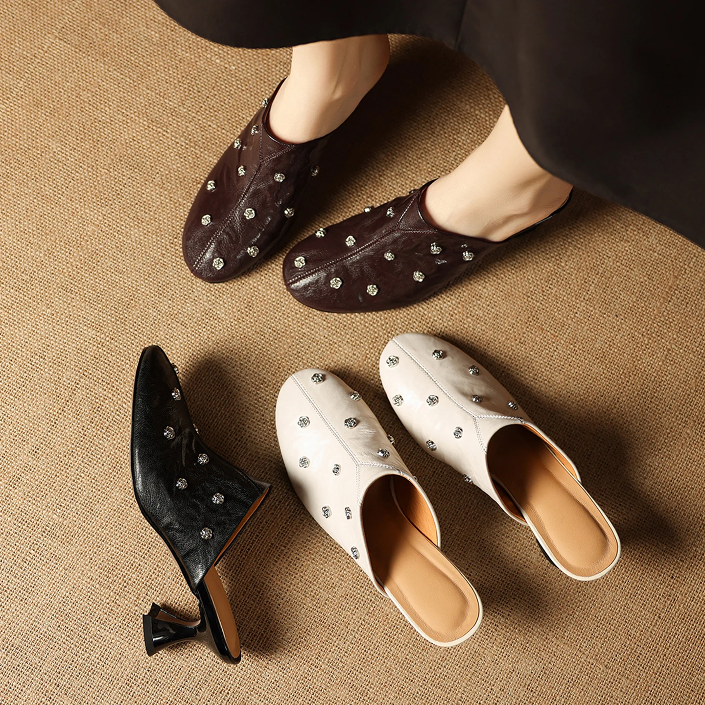 2026 new summer women sandals natural leather 22-25cm sheepskin+pigskin round-toe rivet flower mules high heel women slippers