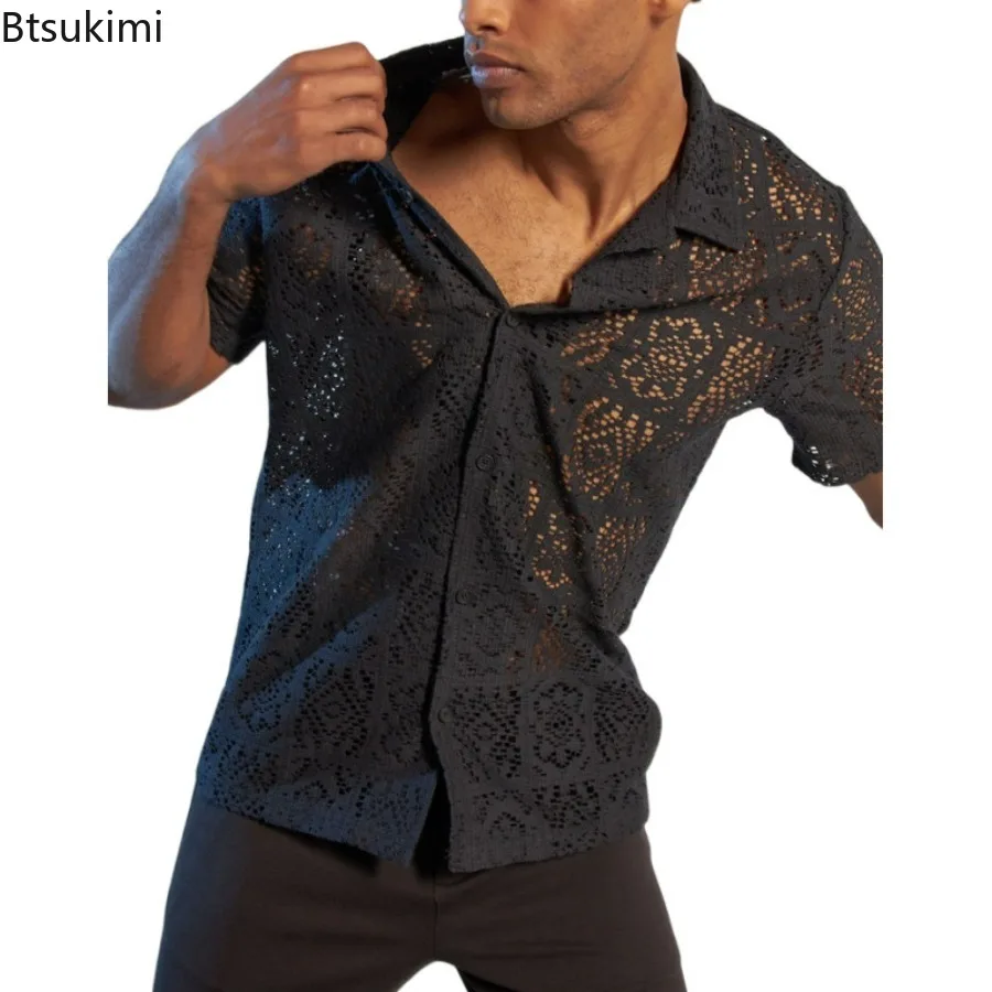 Summer Fashion Men's Lace Hollow Out Shirts Solid Breathable Casual Short-sleeved Cardigan Sexy See Through Mesh Blouse for Male