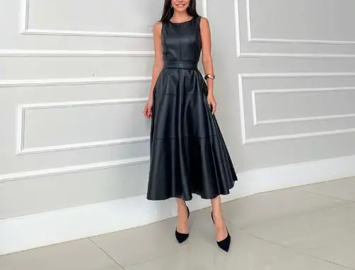 

2025 Spring New Sleeveless Slim Fit Leather Temperament Waist Solid Color Dress