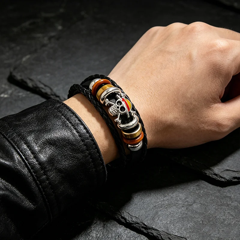 1Pcs  Anime Cartoon  Woven Bracelet Cosplay Accessories Straw Hat Skull Pirate Multilayer Buckle Ring Birthday Gift view 2