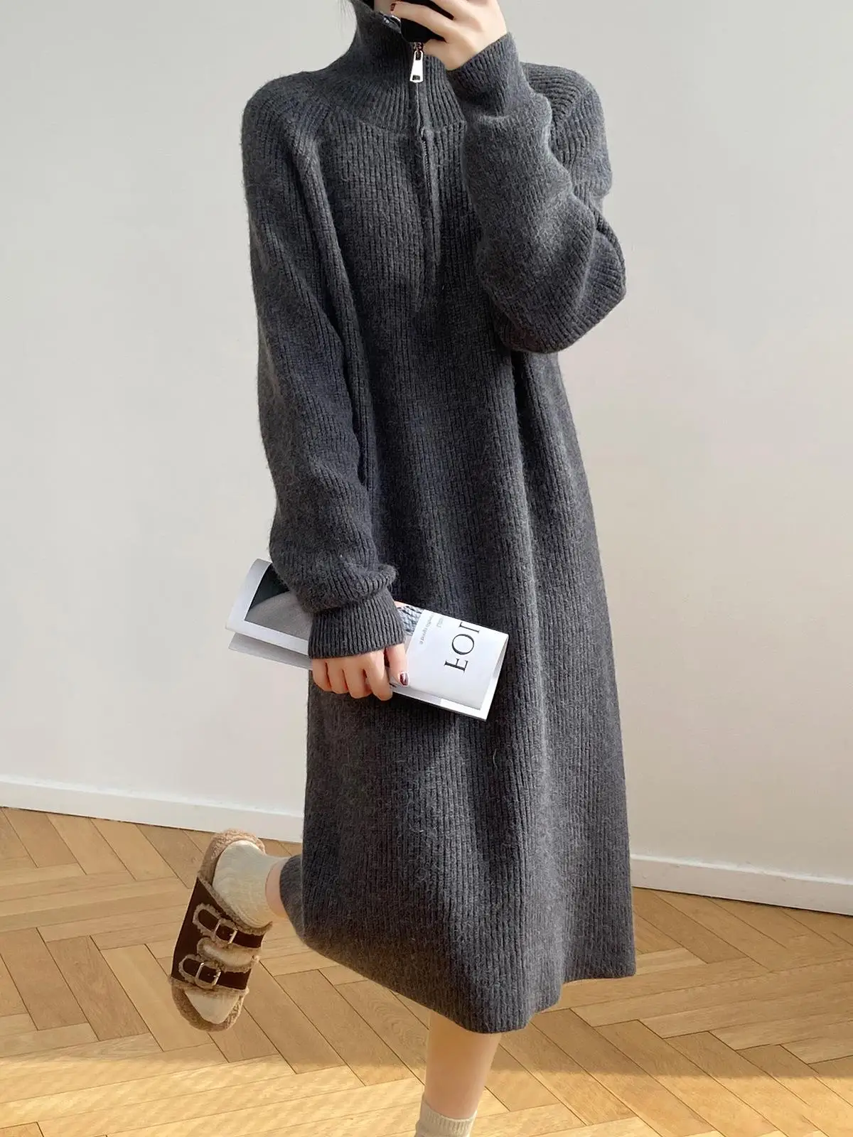 

Temperament 100% cashmere long sleeve knit dress women's autumn and winter new long thick bottoming sweater skirt.