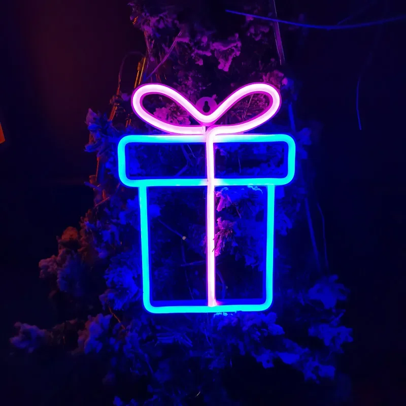 Christmas Gift Box Led Neon Sign Wall Light Santa Claus Coming Bedroom Kids Living Room Bar Party Wedding Decoration Night Lamp