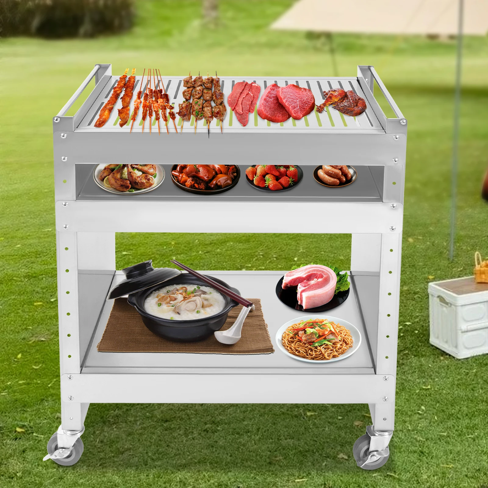 Stainless Steel Grill Cart, Mobile Barbecue Trolley, Picnic Cart For Barbecue 59*40.5*82cm