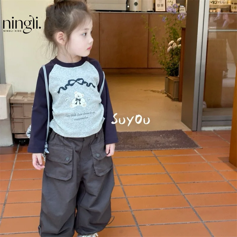 

Осенний комплект из двух предметов для маленьких девочек от 2 до 8 лет с круглым вырезом и мультяшным принтом для маленьких девочек, топ с эластичной резинкой на талии, детские штаны-карго для девочек