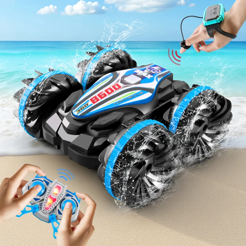 Carro de brinquedo com controle remoto, com luzes piscantes coloridas, adequado para uso em água e terras, um presente para crianças