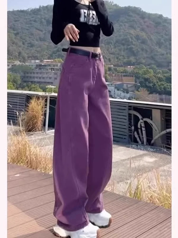 Cintura alta solta ajuste jeans feminino bell bot primavera 2025 novo sle faca americana longo roxo calças de perna larga