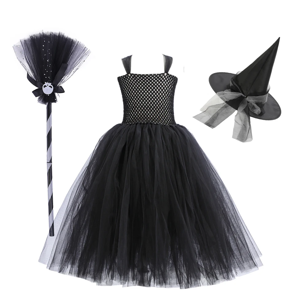 Girls Scary Halloween Costume Black Witch Tutu Dress Full Accessories Kids Role Play Outfit for Trick or Treat Party