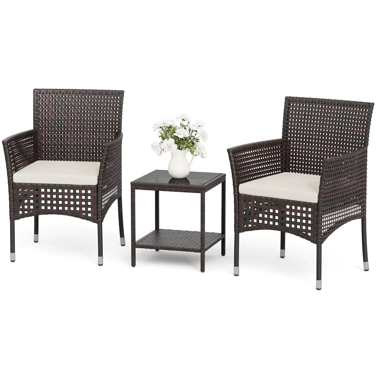 

Outdoor 3 Piece Patio Furniture Set Wicker Chairs with Glass-top Coffee Table for Garden, Balcony, and Porch (Brown), Customized