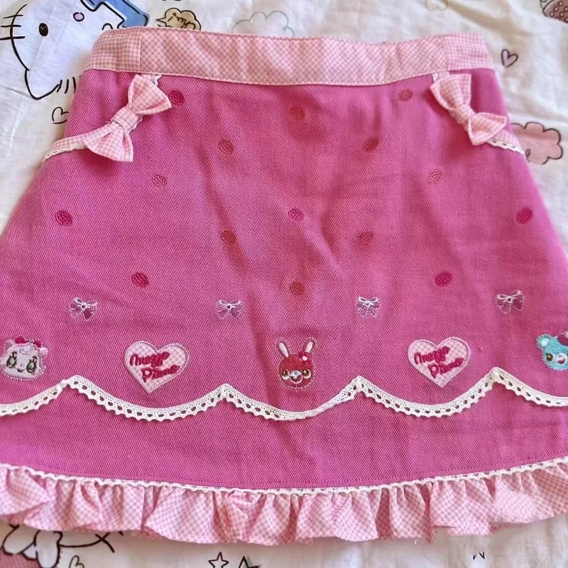 Japanese Pink Sweet Bow Cartoon Rabbit Embroidery Pleated Skirts Kawaii Lolita Mini Skirt Women  Y2k Aesthetic Gothic Faldas