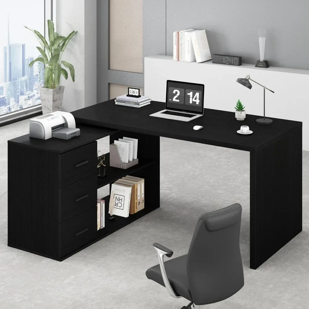 

L Shaped Computer Desk with Drawers, L Shaped Home Office Desk with Storage Cabinet Shelves,Large Bedroom Computer Table,55 Inch
