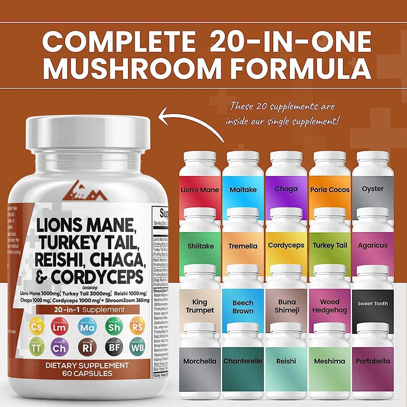 Mushroom Supplement -60 Capsules -20 Organic Mushrooms - Lion Mane, Cordyceps, Turkey Tail, etc