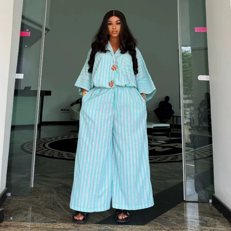 Autumn African Women 2 Piece Striped Outfit Elegant Loose Lapel Shirt + Drawstring Wide Leg Pants Plus Size Casual Matching Suit