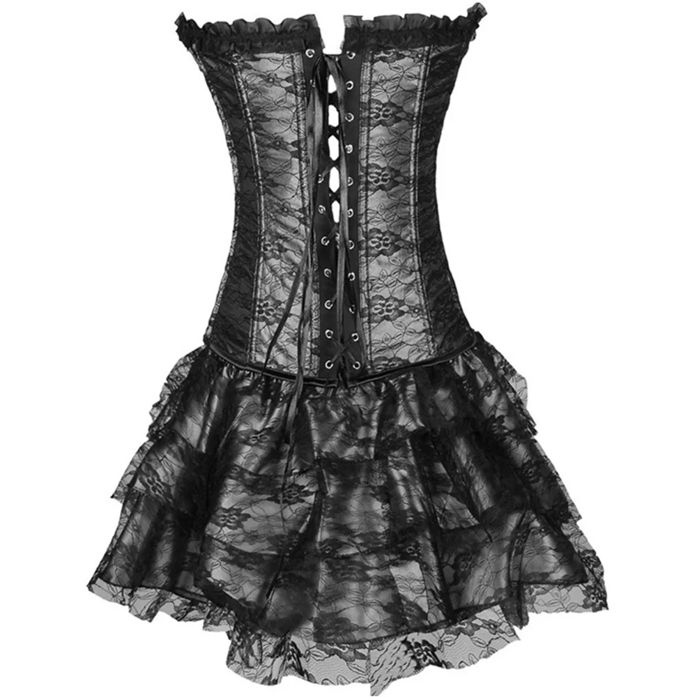 Women Sexy Lace Floral Corset Dress Vintage Victorian Burlesque Corset Top With Gothic Ruffle Asymmetry Skirt Set