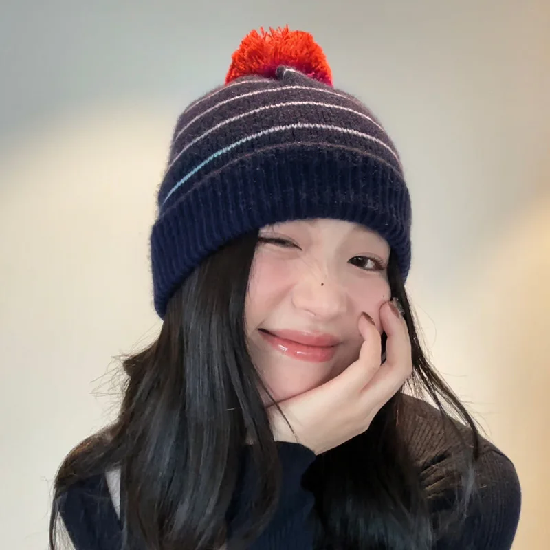

New Cute Striped Knitted Warm Autumn Hat For Women Girls Funny Skullies Bonnets Cap With Pompom Soft Gorro Designer Beanies Gift