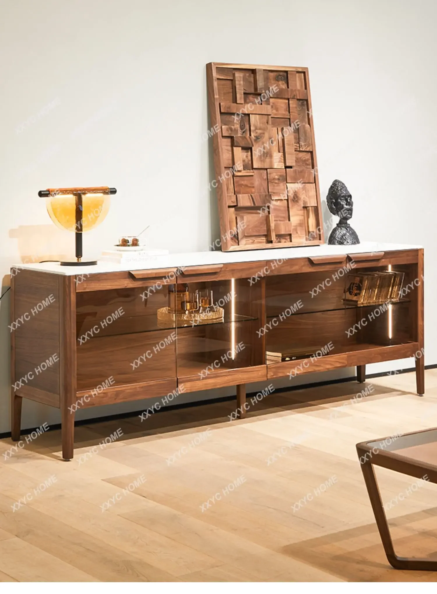 

A North America Black Walnut Stone Plate TV Cabinet Living Room Home Solid Wood Glass Storage Cabinet Integrated Storage Cabin