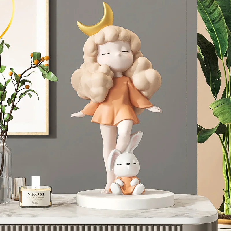 

Creative Moon Rabbit Girl Table Decorations Accessorys Home Decor Sculptures Resin Ornaments for Living Room Porch Statuettes