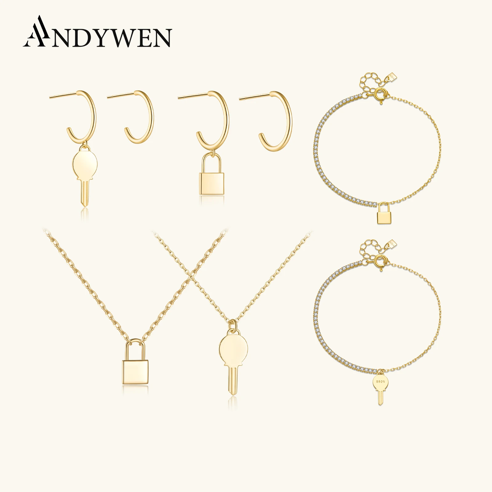 ANDYWEN Conjunto de Joias Femininas Finas em Prata Esterlina 925: Brincos Pendentes, Pulseira e Colar com Pingente de Cadeado Simples e Pequeno