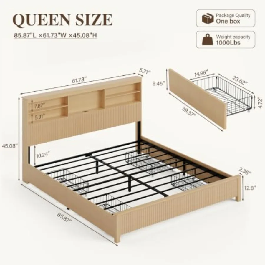 Size Bed Frame with 4 Storage Drawers: MDF Wood, White, Space-Saving Under-Bed Storage Solution for Small Bedrooms