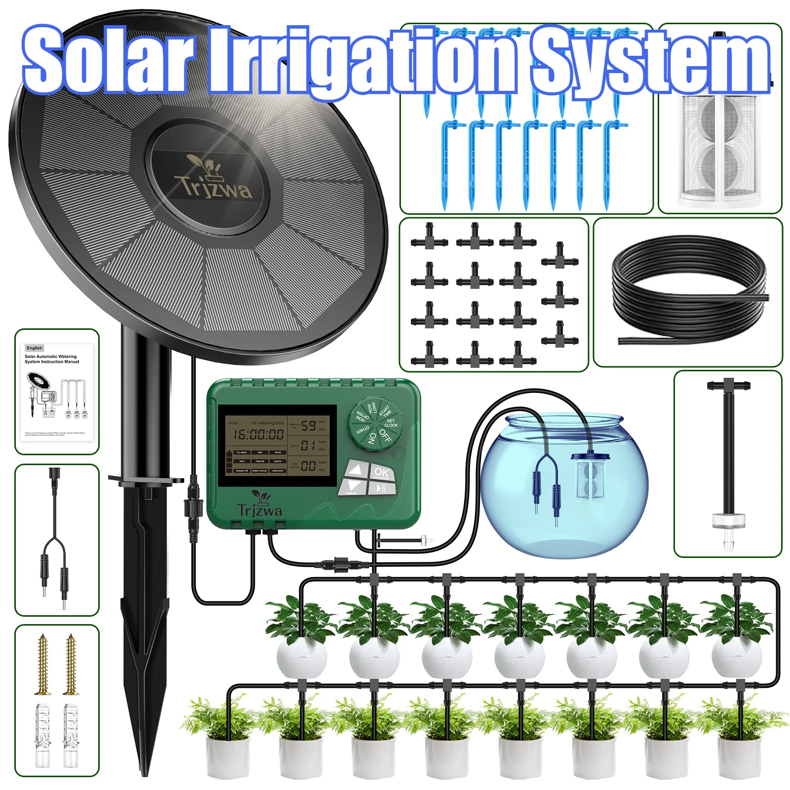3W Solar Irrigation System Built in 2200mAh Battery, Automatic Watering System with 15M Hose 15 Drip Tips, DIY Garden Lawn Etc