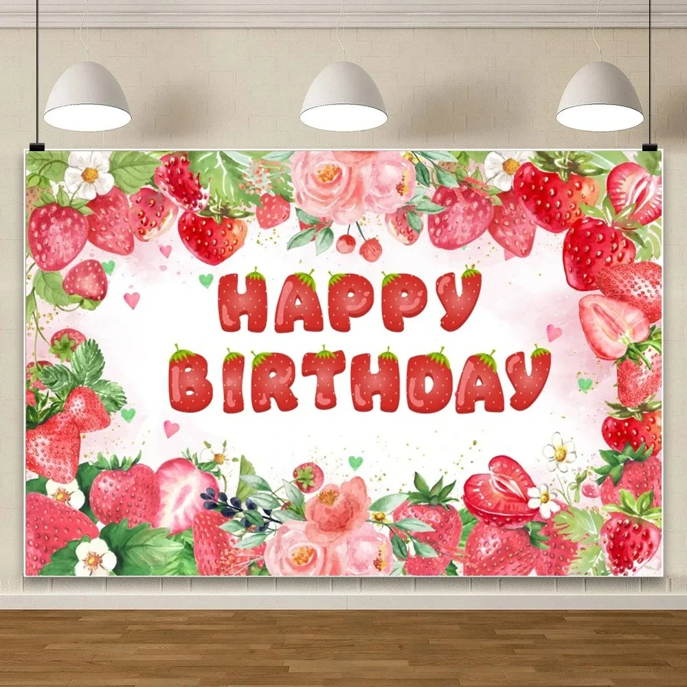 

Strawberry Golden Bow Flower Berry Sweet Birthday Background, Children's Birthday Party, Home Decoration Photography Background