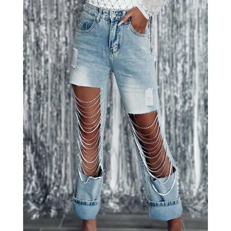 Denim Pants Summer Hole Washed High Waist Y2K Ripped Jeans Women's Chain Ornaments Straight-Leg Denim Trousers Jeans