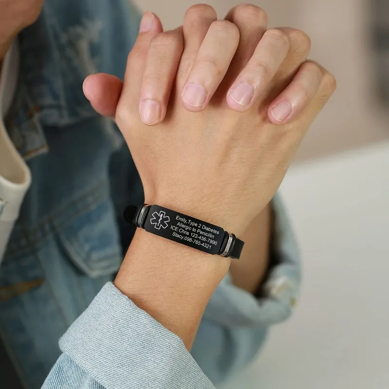 Custom Medical ID Bracelets for Men Women with Medical Alert ID Bracelets for Sport Travel - Silicone Waterproof Wristband Fits