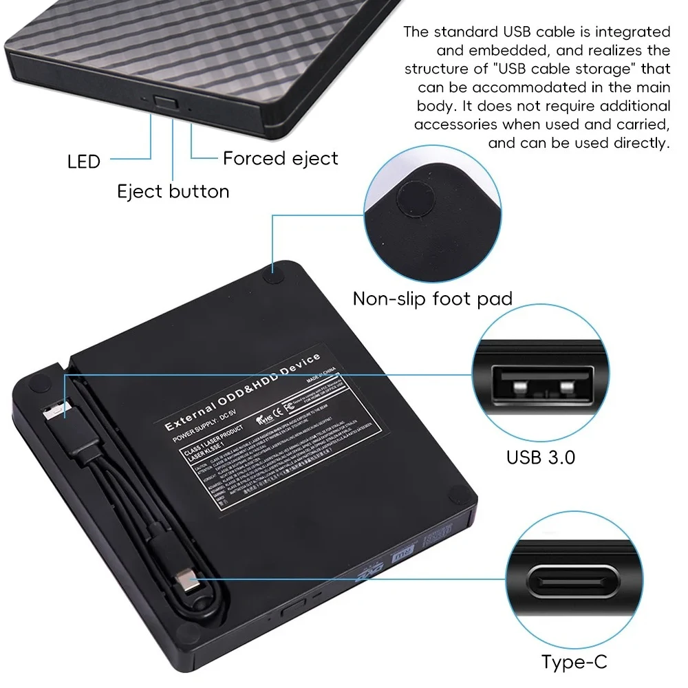 Внешний Bluetooth-привод 2 в 1, USB 3.0, портативный BD-Combo, CD-DVD-плеер, записывающее устройство для ноутбука, Linux, Windows 11/10/8/7 MacOS