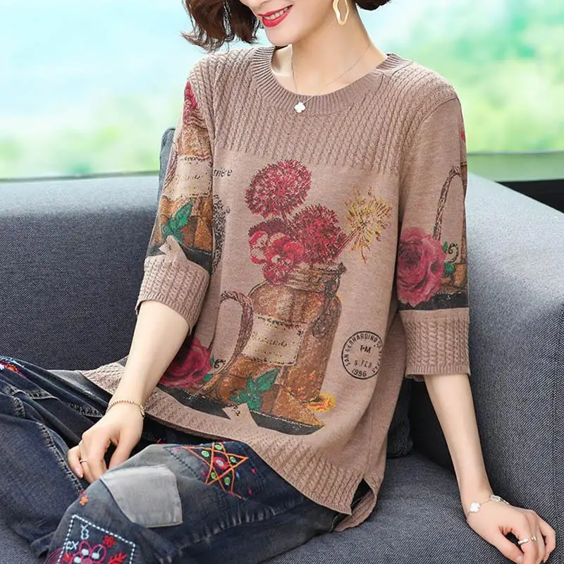 Women\'s Round Neck Sweaters 2023 Spring and Autumn Floral Printing Vintage Loose Half Sleeve All Match Pullover Knit Korean Tops