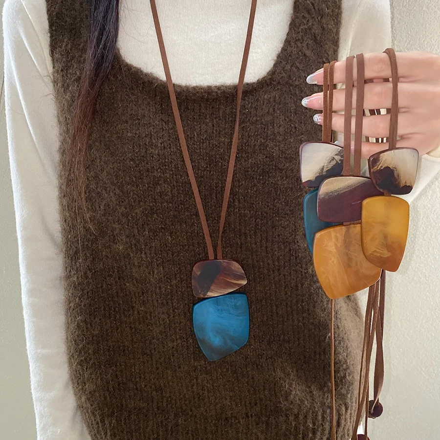 Earthy Tone Layered Square Resin Pendant Leather Cord Necklace Fashion Korean Fashion Luxury Designer Jewelry