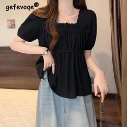 Women's Clothing Summer Trendy Square Collar Short Sleeve Chic Blouse Simple Casual Black Loose Shirt Female Streetwear Y2K Tops