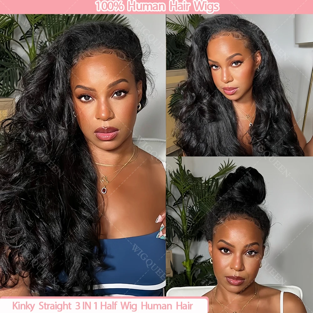 

Yaki Straight Half Wig Human Hair Kinky Straight Half Wig 3 in 1 3/4 Half Wig Wear and Go Wig Seamless Flip Over with Drawstring