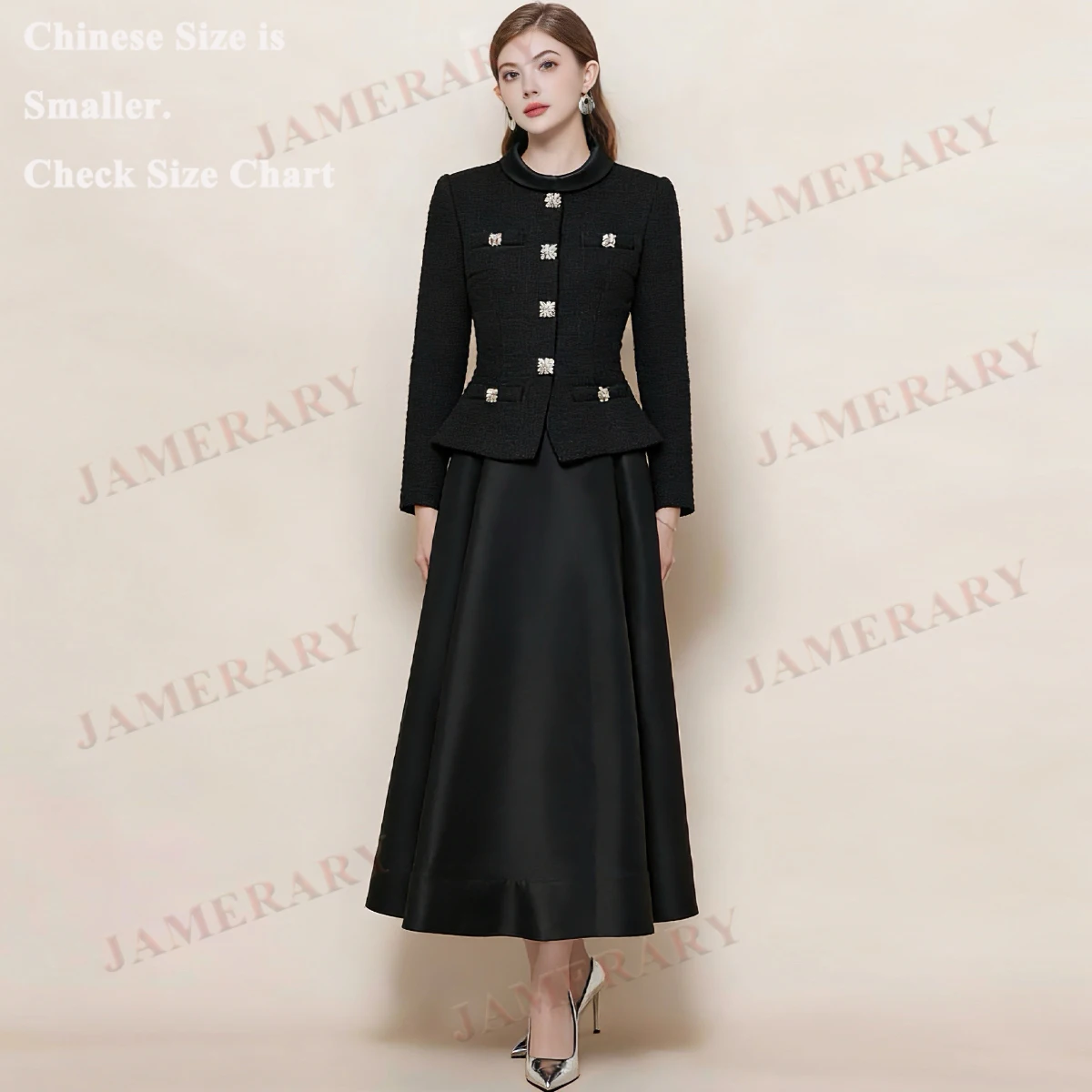 Qualität Marke Frühling Herbst Gefälschte Zwei Stück Lange Kleider Frauen Einreiher Diamant Woolen Tweed Satin Winter Kleid Luxus