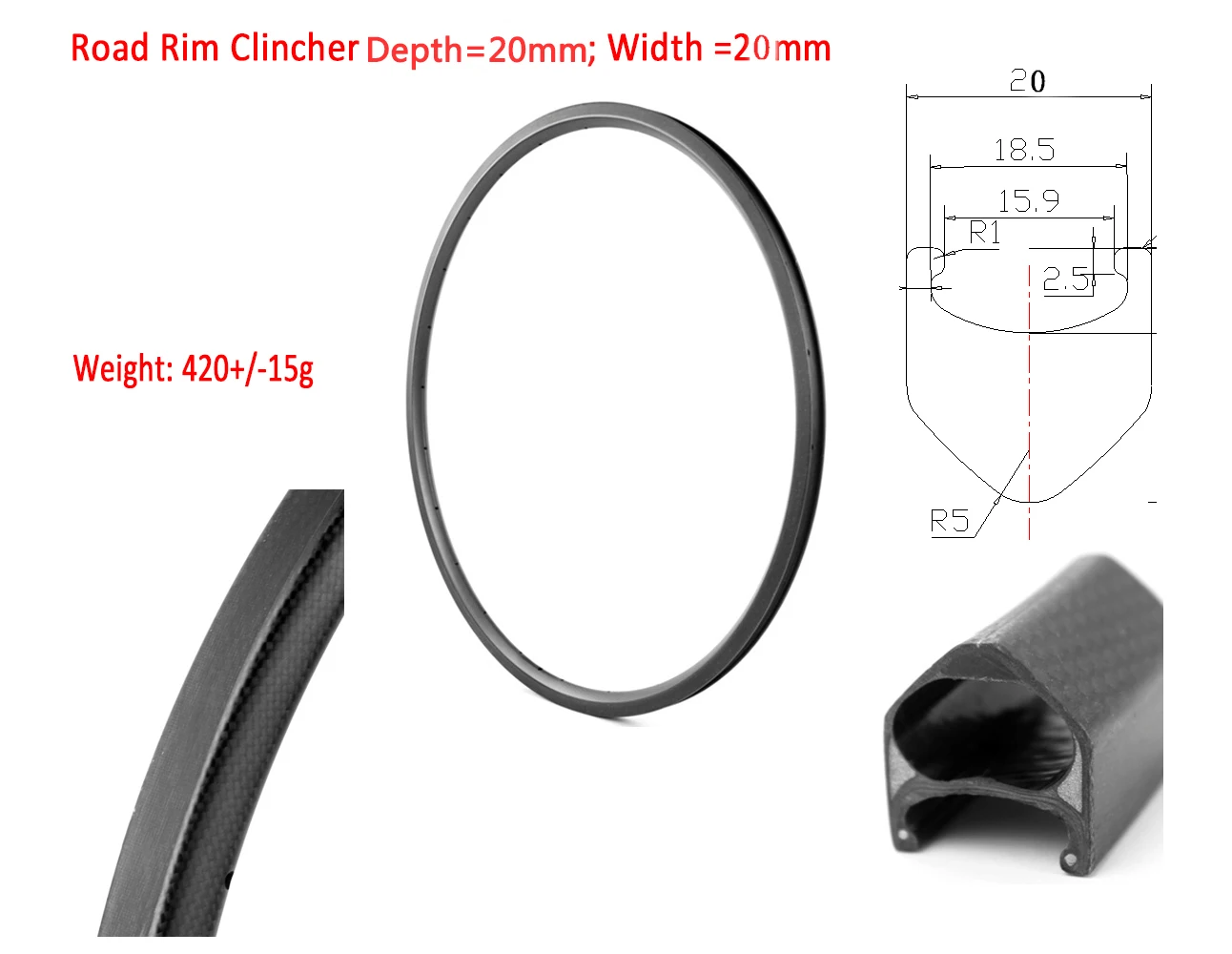 

700C full carbon road tubular rim 20 mm depth 20mm width 700c 20/24 holes rims Sell R20C