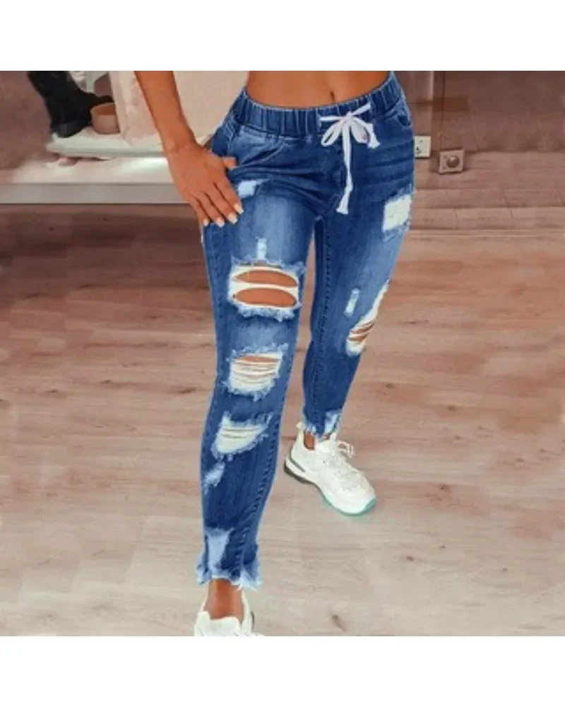 Women Drawstring Elastic Waist Skinny Jeans Ripped Distressed Frayed Hem Denim Pants Casual Slim Fit Jogger Denim Trousers view 4