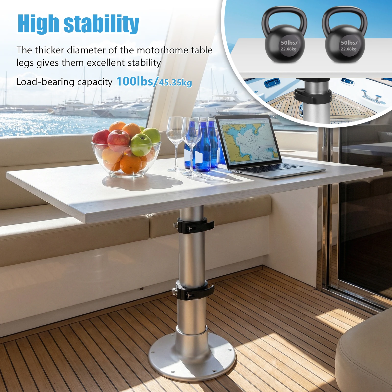 

RV Table Pedestal Stand Detachable 3-Level Telescopic Aluminum Alloy 13-28 Inch Height Range with Gas Lift for Boats and Yachts