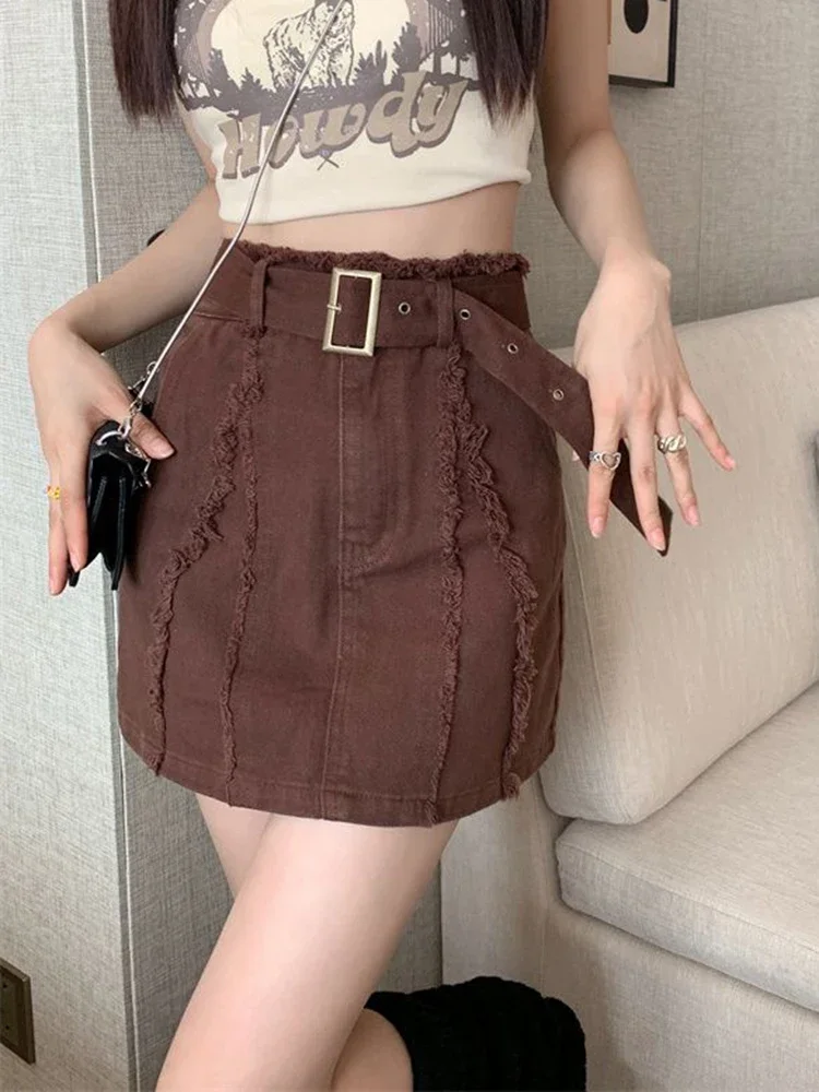 เข็มขัดวินเทจ DENIM กระโปรงผู้หญิงพู่ Streetwear เอวสูงกระโปรงมินิอเมริกัน Retro เซ็กซี่ Slim Casual กระโปรงสาย
