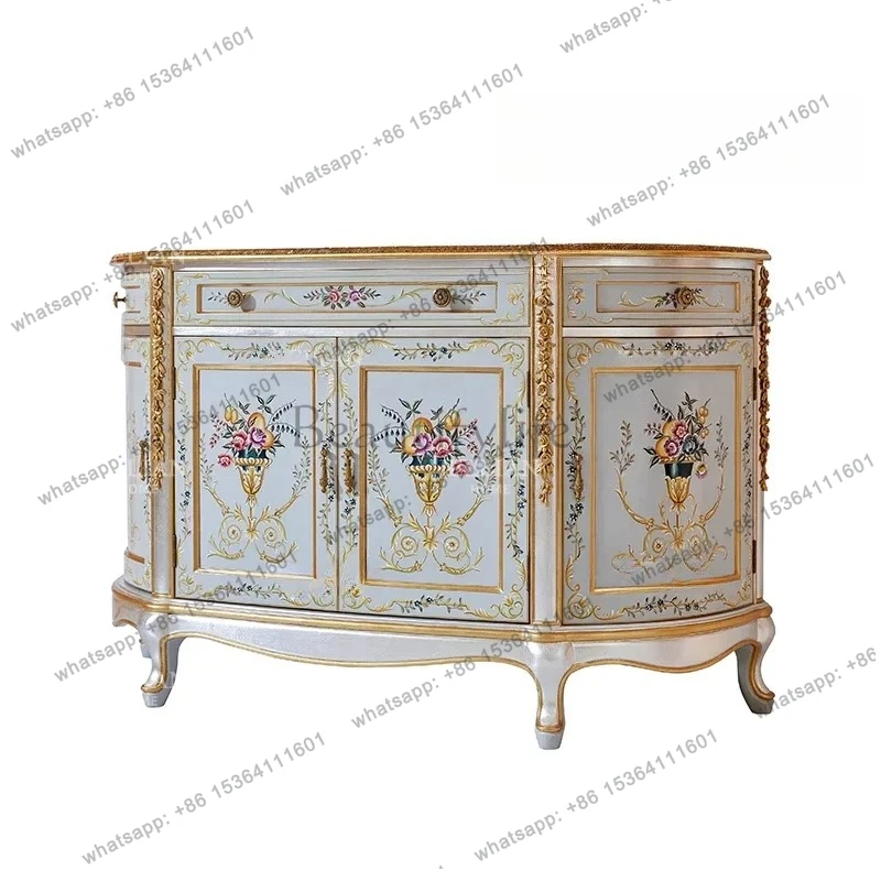 

2025French foyer hand-painted flower and bird entrance cabinet solid wood gold and silver foil engraved storage cabinet