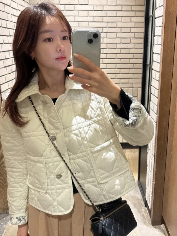 Retro Korean Floral Pattern Quilted Cotton Jacket  Collar Double-Sided Wear Small Diamond Grid Women's Cotton Coat