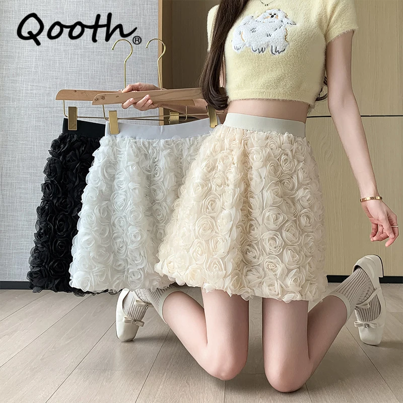 Sweet 3D Rose Flower Mini Skirt Fashion Fairy Elastic High Waist Floral Tulle Short Skirt QT2374