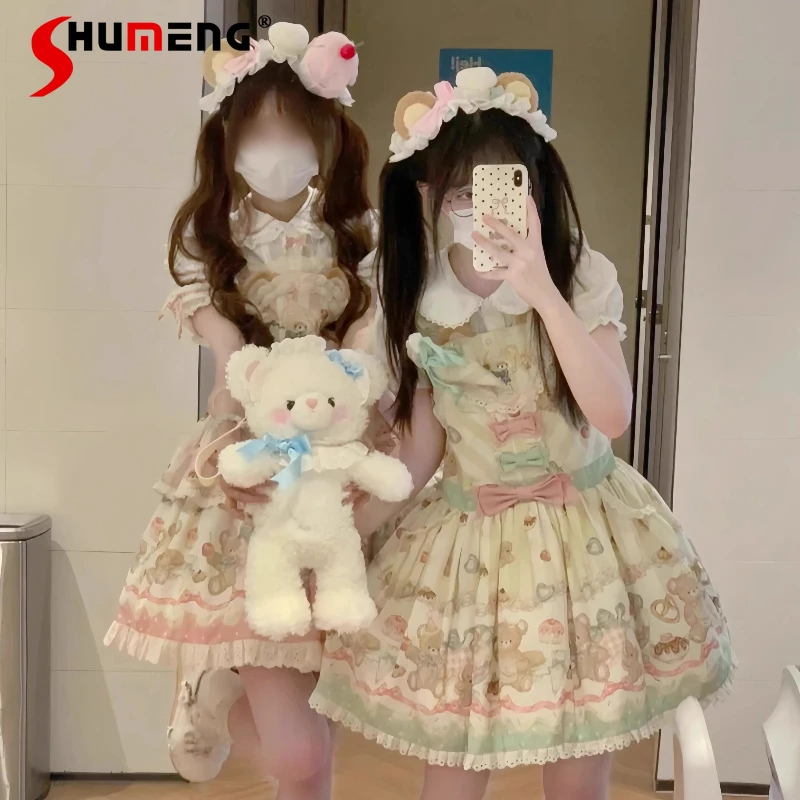 

Original Japanese Kawaii Bear Print Short Dress Jsk Summer New Sweet Girls Cute Bow Y2k Birthday Party Dress Lori Lo Daily Dress
