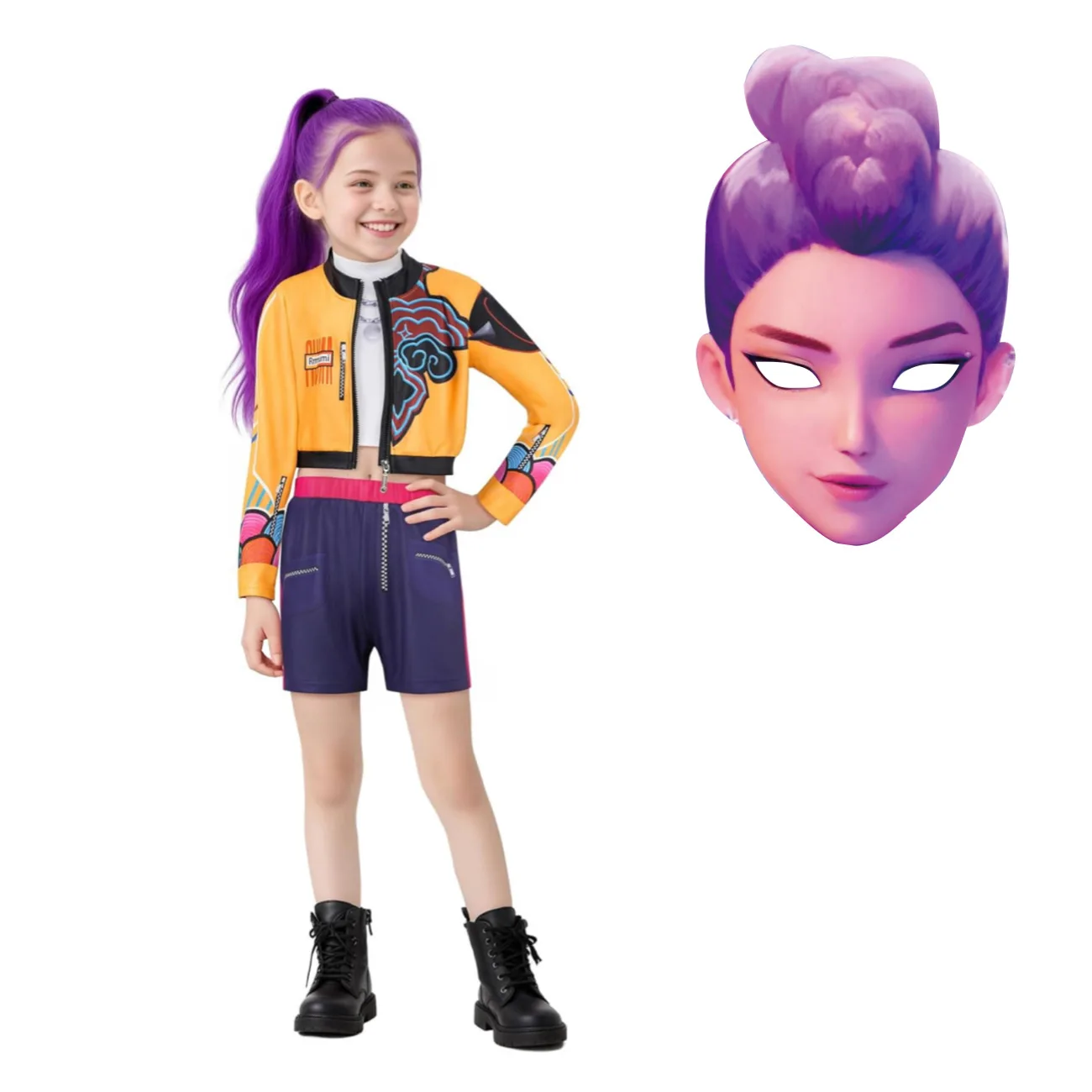 أزياء Kpop شيطان الصيادين رومي التأثيرية للأطفال معطف سترة شورت + شعر مستعار وحقيبة الهالوين للفتيات Huntrix Rumi بدلة أداء الأدوار #5